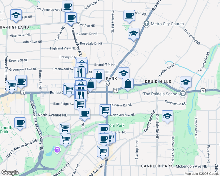 map of restaurants, bars, coffee shops, grocery stores, and more near 1200 Ponce De Leon Avenue Northeast in Atlanta