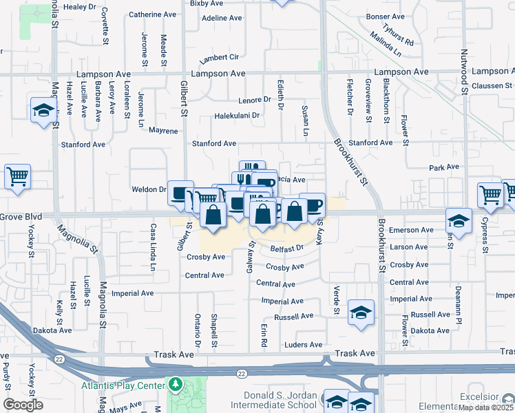 map of restaurants, bars, coffee shops, grocery stores, and more near 9735 Garden Grove Boulevard in Garden Grove