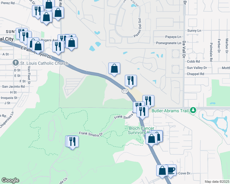 map of restaurants, bars, coffee shops, grocery stores, and more near 71800 California 111 in Rancho Mirage