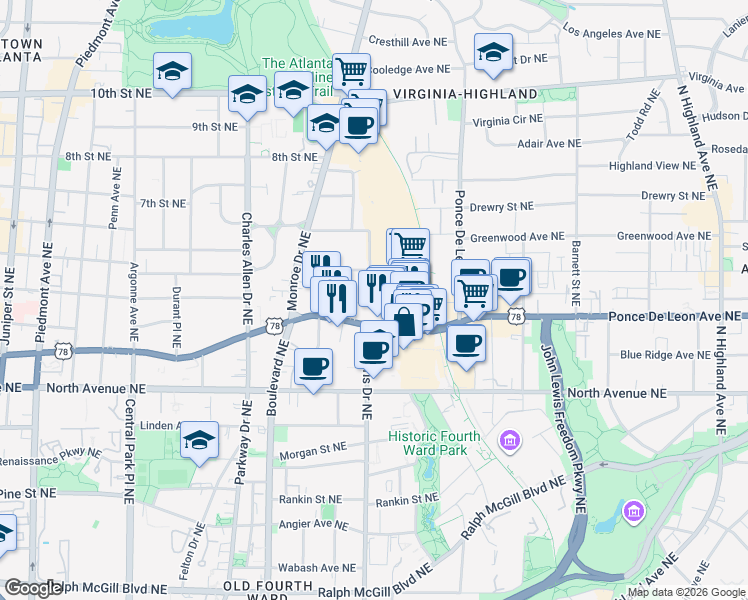map of restaurants, bars, coffee shops, grocery stores, and more near 710 Lakeview Avenue Northeast in Atlanta