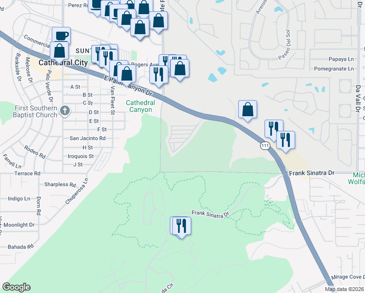 map of restaurants, bars, coffee shops, grocery stores, and more near 69333 East Palm Canyon Drive in Cathedral City