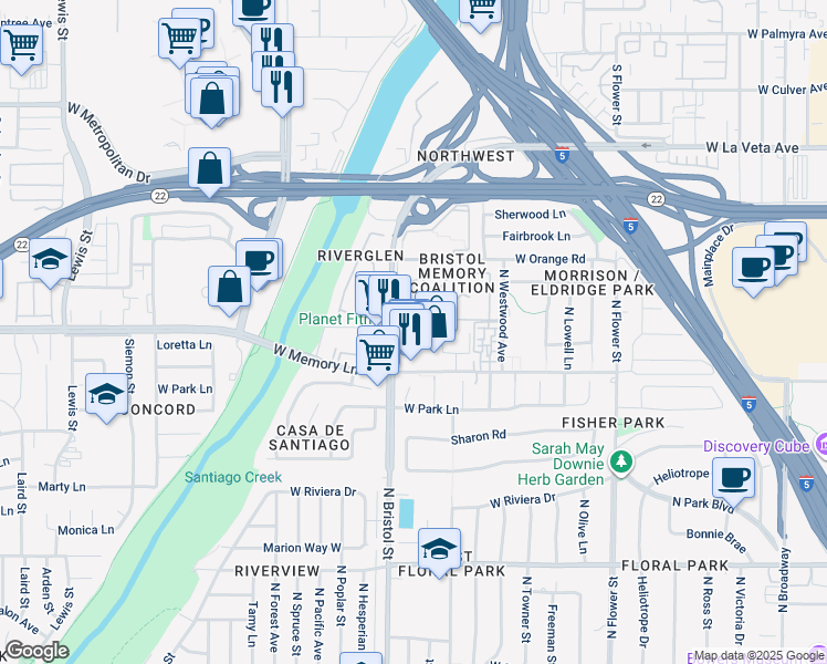 map of restaurants, bars, coffee shops, grocery stores, and more near 2725 North Bristol Street in Santa Ana