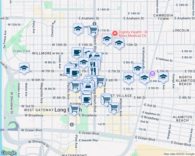 map of restaurants, bars, coffee shops, grocery stores, and more near in Long Beach