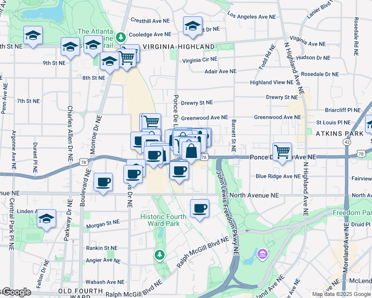 map of restaurants, bars, coffee shops, grocery stores, and more near 736 Ponce De Leon Avenue Northeast in Atlanta