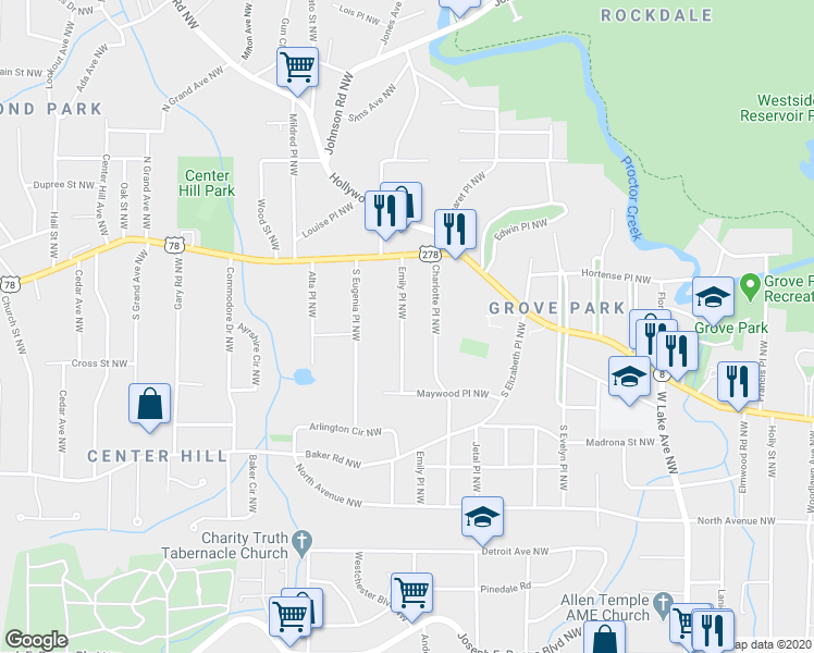 map of restaurants, bars, coffee shops, grocery stores, and more near 709 Emily Place Northwest in Atlanta