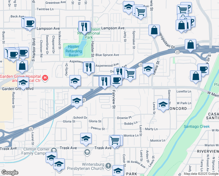 map of restaurants, bars, coffee shops, grocery stores, and more near 13172 Garden Grove Boulevard in Garden Grove