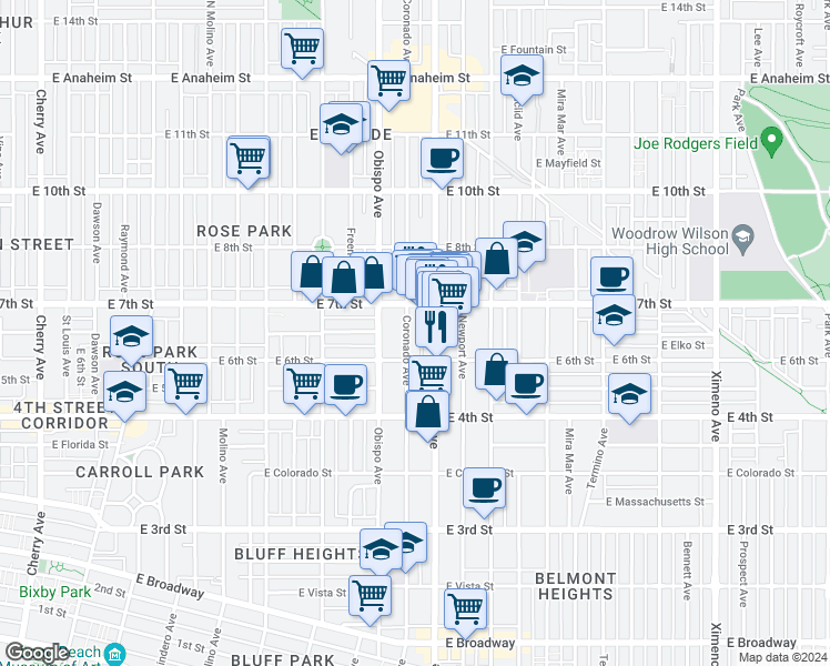 map of restaurants, bars, coffee shops, grocery stores, and more near 620 Coronado Avenue in Long Beach
