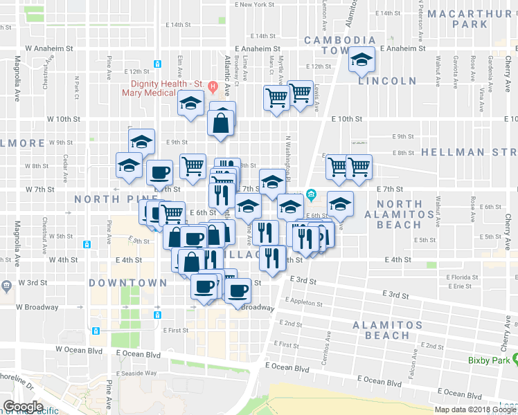 map of restaurants, bars, coffee shops, grocery stores, and more near in Long Beach