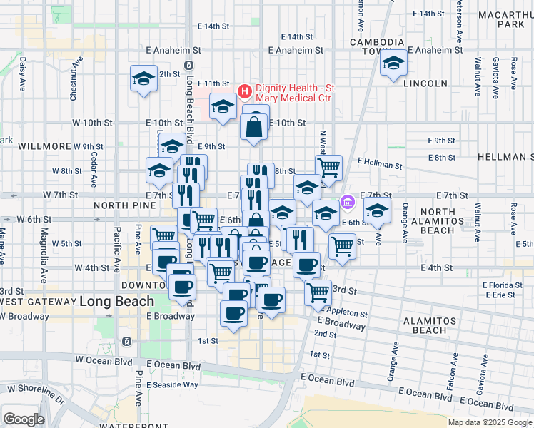 map of restaurants, bars, coffee shops, grocery stores, and more near in Long Beach