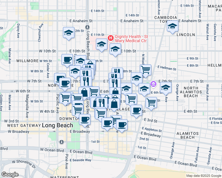 map of restaurants, bars, coffee shops, grocery stores, and more near 553 Linden Avenue in Long Beach