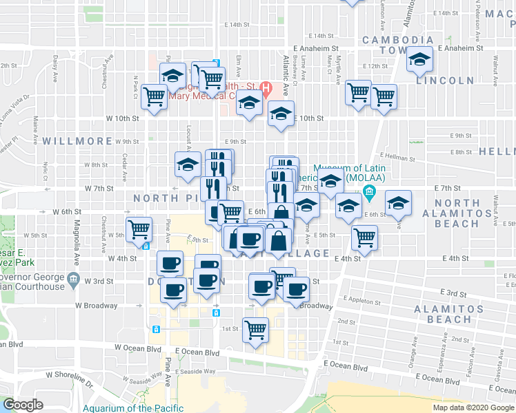 map of restaurants, bars, coffee shops, grocery stores, and more near 553 Linden Avenue in Long Beach
