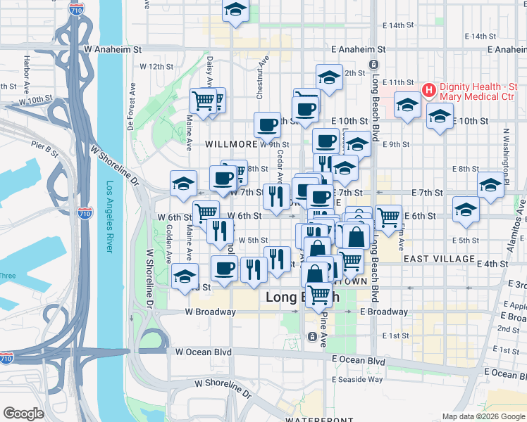map of restaurants, bars, coffee shops, grocery stores, and more near 314 West 6th Street in Long Beach