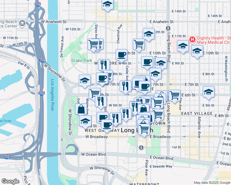 map of restaurants, bars, coffee shops, grocery stores, and more near 545 Chestnut Avenue in Long Beach
