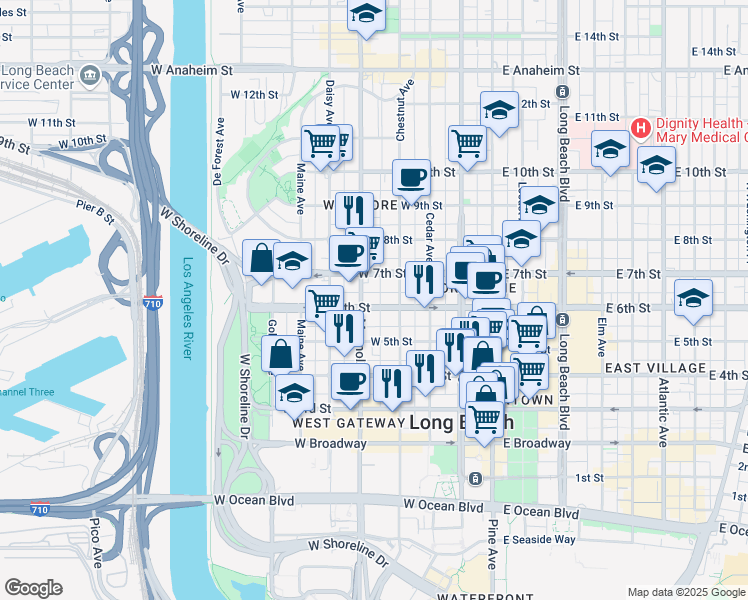 map of restaurants, bars, coffee shops, grocery stores, and more near 545 Chestnut Avenue in Long Beach