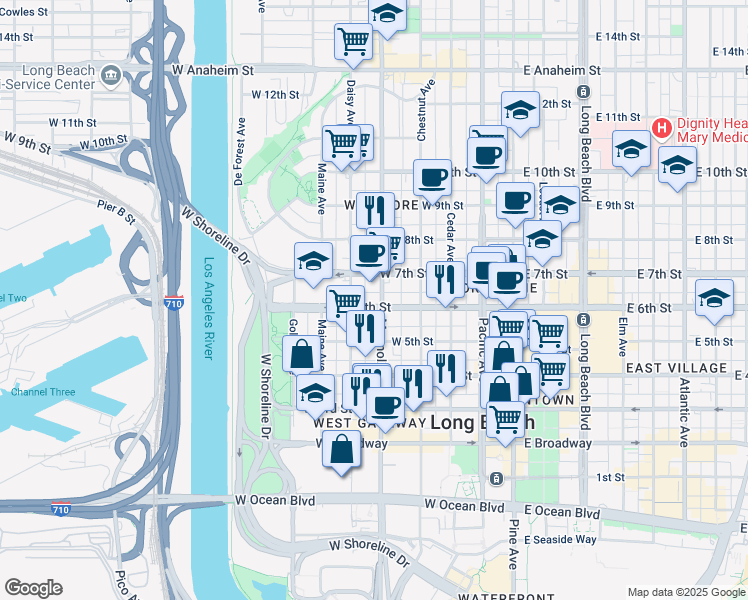map of restaurants, bars, coffee shops, grocery stores, and more near 535 Magnolia Avenue in Long Beach
