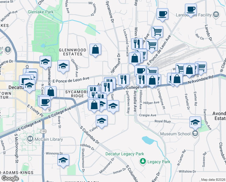 map of restaurants, bars, coffee shops, grocery stores, and more near 2657 East College Avenue in Decatur