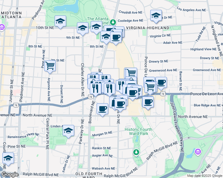 map of restaurants, bars, coffee shops, grocery stores, and more near 548 Ponce De Leon Avenue Northeast in Atlanta