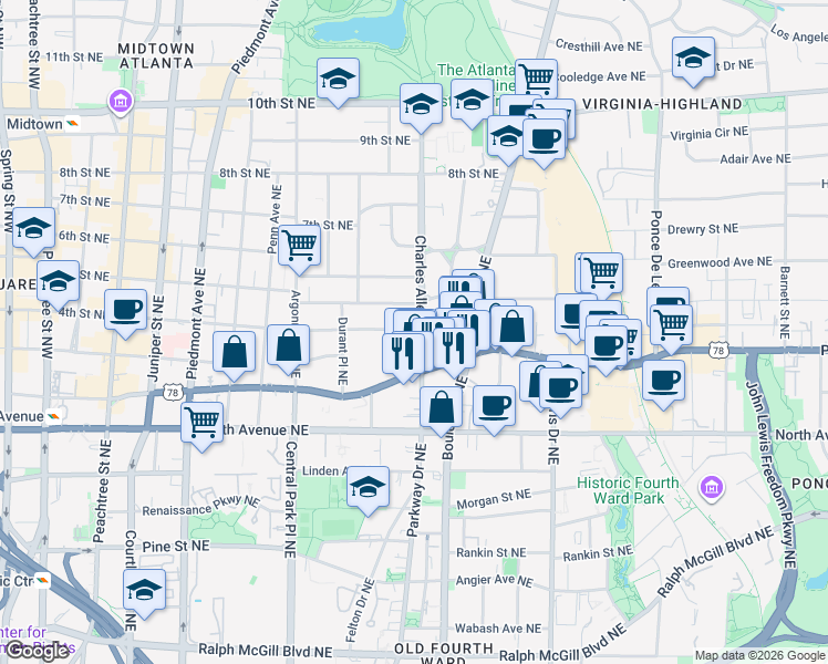 map of restaurants, bars, coffee shops, grocery stores, and more near 706 Charles Allen Drive Northeast in Atlanta