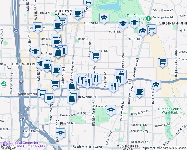 map of restaurants, bars, coffee shops, grocery stores, and more near 710 Argonne Avenue Northeast in Atlanta