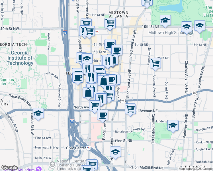 map of restaurants, bars, coffee shops, grocery stores, and more near 710 West Peachtree Street Northwest in Atlanta
