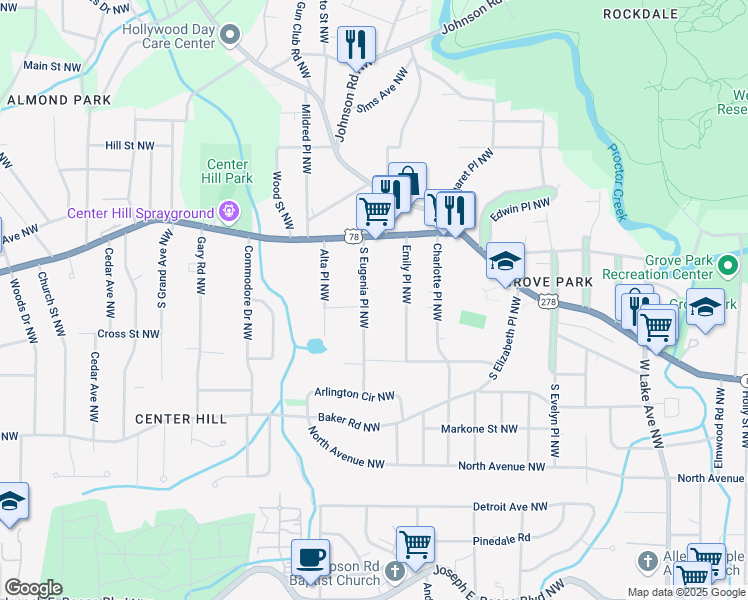 map of restaurants, bars, coffee shops, grocery stores, and more near 692 Emily Place Northwest in Atlanta