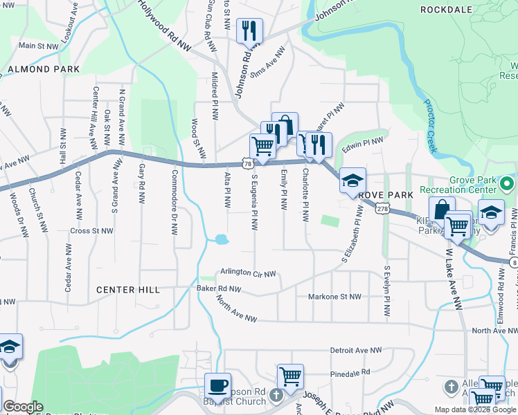 map of restaurants, bars, coffee shops, grocery stores, and more near 2110 Sarah Street Northwest in Atlanta