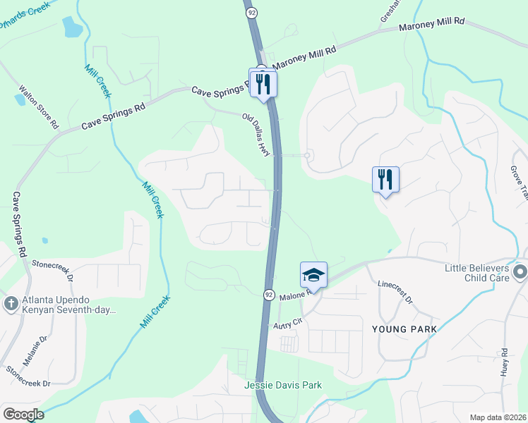 map of restaurants, bars, coffee shops, grocery stores, and more near 6117 Riddle Court in Douglasville