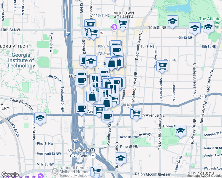 map of restaurants, bars, coffee shops, grocery stores, and more near 730 Peachtree Street Northeast in Atlanta