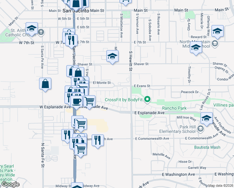 map of restaurants, bars, coffee shops, grocery stores, and more near 1354 Yorktown Circle in San Jacinto