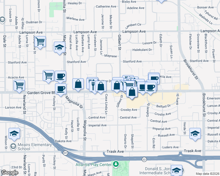 map of restaurants, bars, coffee shops, grocery stores, and more near 9381 Nichols Drive in Garden Grove