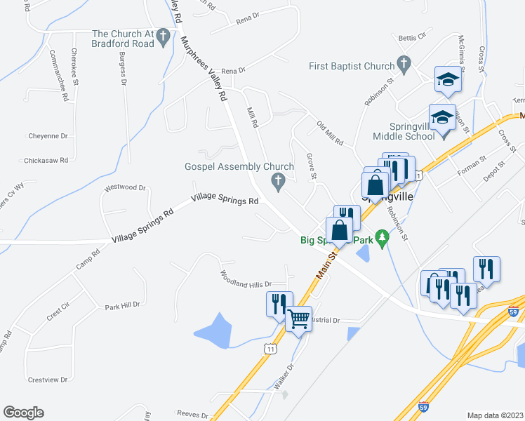 map of restaurants, bars, coffee shops, grocery stores, and more near 132 Meadow Brook in Springville