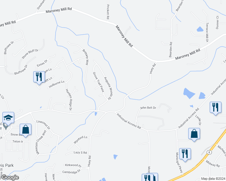 map of restaurants, bars, coffee shops, grocery stores, and more near 1150 Augusta Woods Drive in Douglasville