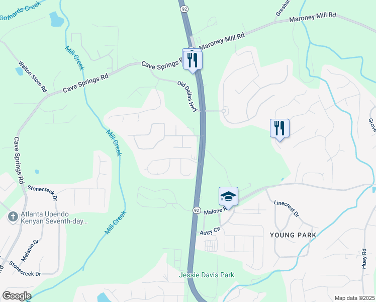 map of restaurants, bars, coffee shops, grocery stores, and more near 5306 Brickleberry Way in Douglasville