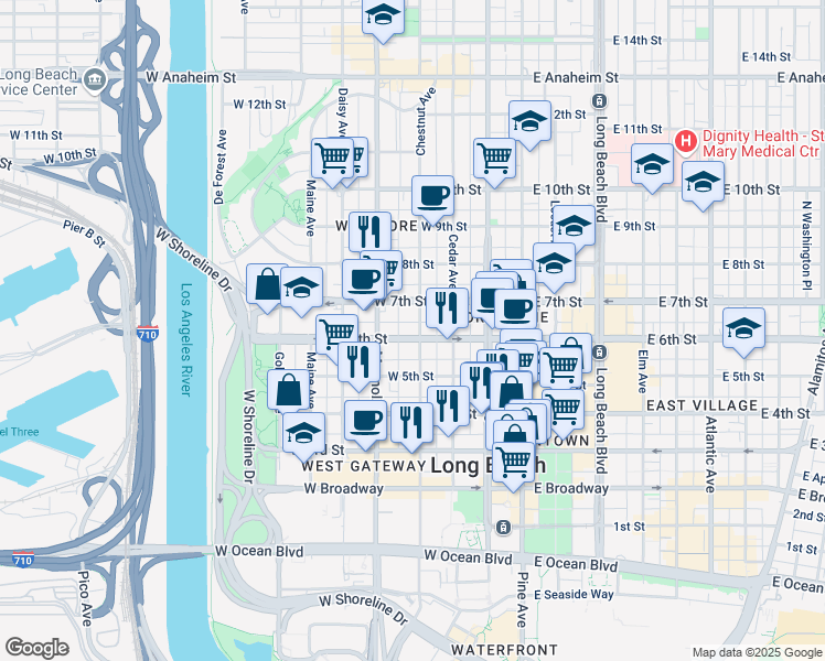 map of restaurants, bars, coffee shops, grocery stores, and more near 401 West 6th Street in Long Beach