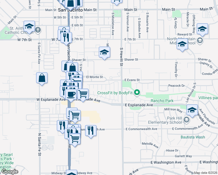 map of restaurants, bars, coffee shops, grocery stores, and more near 1354 Yorktown Circle in San Jacinto