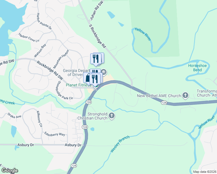map of restaurants, bars, coffee shops, grocery stores, and more near 8029 Rockbridge Road Southwest in Lithonia