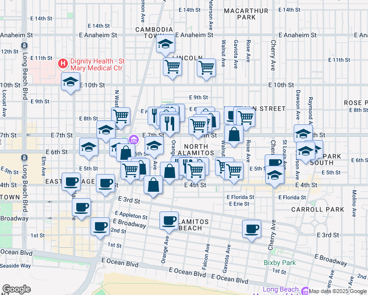 map of restaurants, bars, coffee shops, grocery stores, and more near 1237 East 6th Street in Long Beach