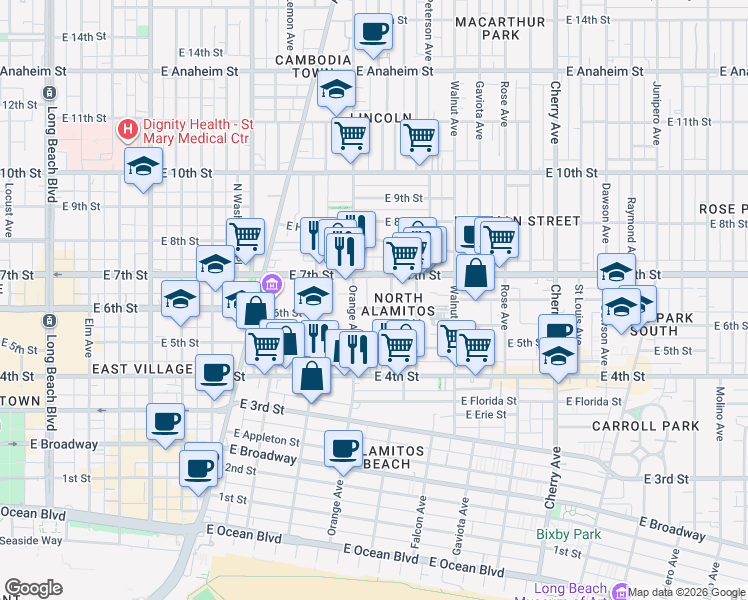 map of restaurants, bars, coffee shops, grocery stores, and more near 1221 East 6th Street in Long Beach
