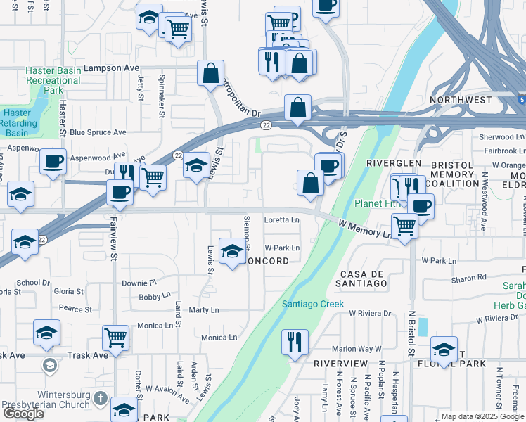 map of restaurants, bars, coffee shops, grocery stores, and more near 23300 Garden Grove Boulevard in Orange
