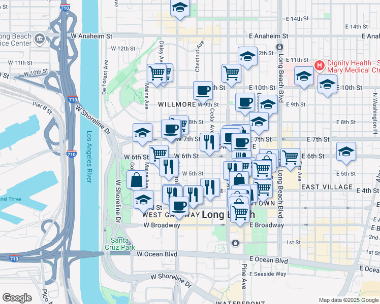 map of restaurants, bars, coffee shops, grocery stores, and more near 421 West 6th Street in Long Beach
