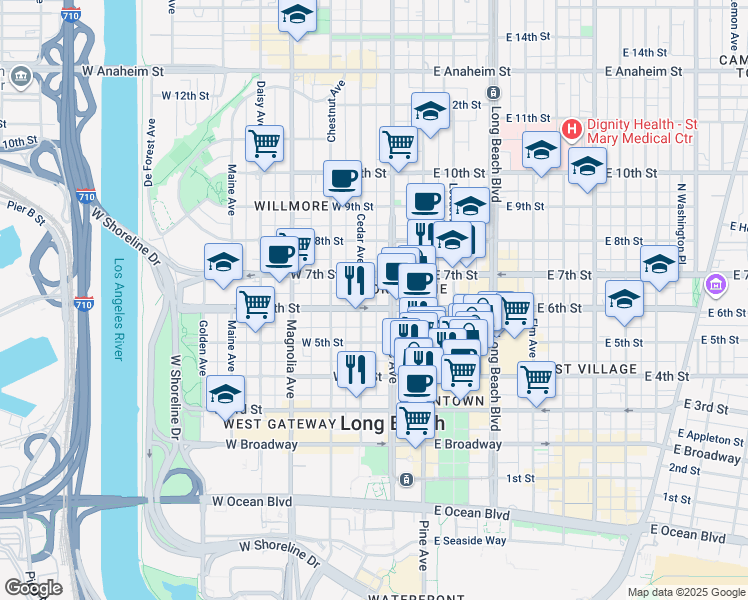 map of restaurants, bars, coffee shops, grocery stores, and more near 229 West 6th Street in Long Beach