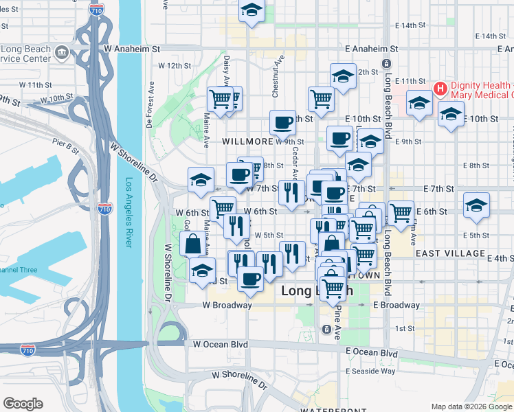map of restaurants, bars, coffee shops, grocery stores, and more near in Long Beach