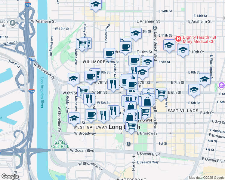 map of restaurants, bars, coffee shops, grocery stores, and more near 617 Cedar Avenue in Long Beach