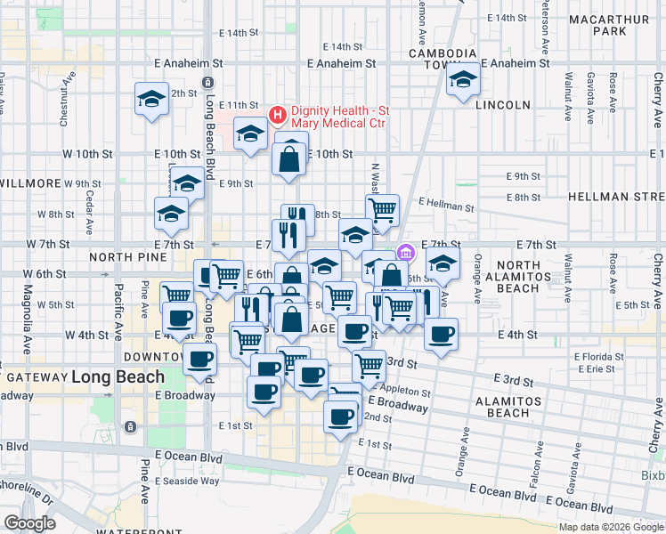 map of restaurants, bars, coffee shops, grocery stores, and more near 711 East 6th Street in Long Beach