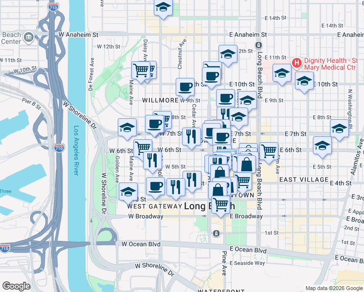 map of restaurants, bars, coffee shops, grocery stores, and more near 612 Chestnut Avenue in Long Beach