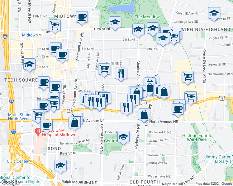 map of restaurants, bars, coffee shops, grocery stores, and more near 4th Street Northeast & Durant Place Northeast in Atlanta