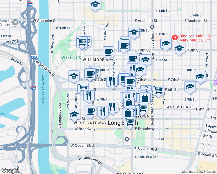 map of restaurants, bars, coffee shops, grocery stores, and more near 327 West 6th Street in Long Beach
