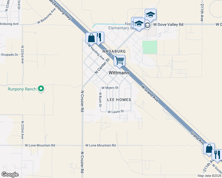 map of restaurants, bars, coffee shops, grocery stores, and more near 32021 North Walnut Street in Wittmann