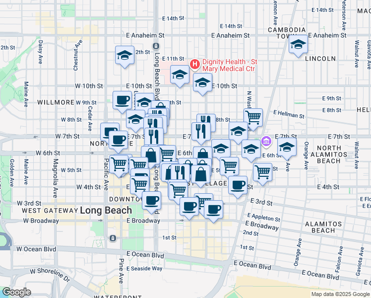 map of restaurants, bars, coffee shops, grocery stores, and more near 431 East 6th Street in Long Beach