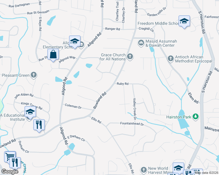 map of restaurants, bars, coffee shops, grocery stores, and more near 767 Rowland Road in Stone Mountain